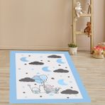Bona Fortuna Filli Uçan Balonlu Ay Bulutlu Dijital Baskı Yıkanabilir Kaymaz Taban Fil Desenli Bebek Odası Halısı - 100 x 150 cm - Renkli