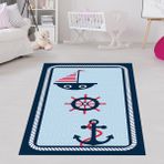 Bona Fortuna Gemici Desenli Dümen Çapa Dijital Baskı Yıkanabilir Kaymaz Taban Yıkanır Çocuk Odası Denizci Halısı - 100 x 150 cm - Mavi