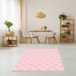 Bona Fortuna Geometrik Karo Desenli Dijital Baskı Yıkanabilir Kaymaz Taban Modern Salon Halısı ve Yolluk (Pudra) - 80 x 50 cm - Pembe