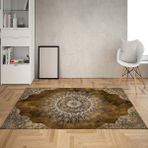 Bona Fortuna Osmanlı Motifler Desenli Etnik Dijital Baskı Yıkanabilir Kaymaz Taban Salon Halı ve Yolluk (Hardal) - 130 x 180 cm - Koyu Kahverengi