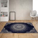 Bona Fortuna Osmanlı Motifler Desenli Etnik Dijital Baskı Yıkanabilir Kaymaz Taban Salon Halı ve Yolluk (Laci) - 180 x 280 cm - Lacivert