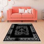 Bona Fortuna Osmanlı Motifler Desenli Etnik Dijital Baskı Yıkanabilir Kaymaz Taban Salon Halı ve Yolluk (Siyah) - 180 x 280 cm