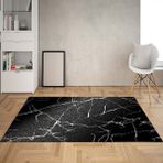 Bona Fortuna Siyah Zemin Mermer Desenli Dijital Baskı Yıkanabilir Kaymaz Taban Düz Salon Halısı ve Yolluk - 80 x 400 cm - Siyah - Beyaz