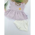 Bonboner Kids Kız Çocuk/bebek Keten Şort Gömlek Bluz Ikili Takım Çiçek Nakışlı Sırt Çapraz Ip Detaylı - Açık Mor - Beyaz - 9 Ay