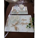 Bonding Gold Beyaz İncili Söz Tepsisi Nişan Tepsisi ve Damat Kahve Fincan Tepsisi BORDO