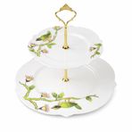 Bone China Kabartma Kuşlu 2 Katlı Kurabiyelik Porselen Kuş Desenli İki Katlı