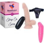 Bonilove Strap On Series 15 cm 10 Modlu Belden Bağlamalı Titreşimli Realistik Penis+Mini Vibratör Set
