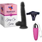 Bonilove Strap On Series 19 cm Belden Bağlamalı Realistik Siyah Penis+Mini Vibratör+Mini Vibratör