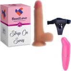 Bonilove Strap On Series 20 cm Çift Katman Ekstra Yumuşak Belden Bağlamalı Penis+Mini Vibratör Set
