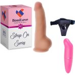 Bonilove Strap On Series Berton Çift Katmanlı 23 cm Belden Bağlamalı Realistik Penis+Mini Vibratör Set