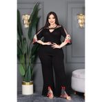 BONİTA FASHİON Büyük Beden Kolları ve Paçası Tül üzeri Nakışlı Fiyonk Detaylı Şık Pantolon Tunik Set