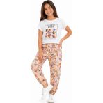 Bonito Kız Çocuk Floral Mood Yazı Desenli Tişört Çiçek Desenli Pantolonlu Pudra Renk İkili Takım - Çok Renkli - 8 - 9 Yaş