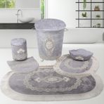 Bonny Home Exclusive Gri 6 Parça Fransız Dantelli Banyo Kirli Çamaşır Sepeti ve Banyo Paspası Seti - 80 x 125 cm