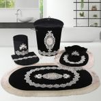 Bonny Home Exclusive Siyah 6 Parça Fransız Dantelli Banyo Kirli Çamaşır Sepeti ve Banyo Paspası Seti - 80 x 125 cm