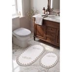 Bonny Home Gold-Gümüş 3lü Fransız Dantelli Lüks Banyo Paspası Kaymaz Çeyizlik Oval Banyo Paspas Seti Lauris