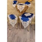 Bonny Home Hürrem Mavi Kadife Üzeri Gold Dantelli 5 Parça Runner Seti Salon Takımı Masa Örtüsü