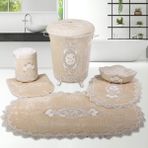 Bonny Home Lisa 6'lı Fransız Dantelli Banyo Kirli Çamaşır Sepeti ve Banyo Paspası Seti - Kahverengi - Cappuccino