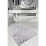 Bonny Home Nova Gri 60x100 + 50x60 cm 2'li Köşeli Ponpon Saçaklı Banyo Halısı Seti, Kaymaz Yıkanabilir