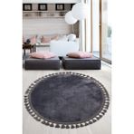Bonny Home Relax Antrasit Yuvarlak 100X100 cm Ponpon Saçaklı Kaymaz Tabanlı Makinede Yıkanabilir Banyo Paspası