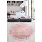 Bonny Home Relax Pudra Yuvarlak Mutfak Halısı, Ponpon Saçaklı, Kaymaz Tabanlı, Yumuşak Peluş, 120x120 cm