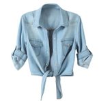 Boodtag Kadın ilkbahar sonbahar kot gömlek ceket rahat kravat ön düğme aşağı hafif streç kot bluz yaka ile, mavi (Light Blue), 4XL