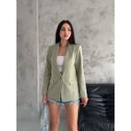 Boom Bester Kadın Flam Keten Astarlı Blazer Yazlık Ceket Çizgili Astar Detay Rahat Kalıp Ince Ceket - Haki