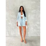 Boom Bester Kadın Flam Keten Astarlı Blazer Yazlık Ceket Çizgili Astar Detay Rahat Kalıp Ince Ceket - XL - Bebe Mavisi