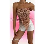 BoomBester Kadın Leopar Desenli Straplez Bağlamalı Bluz Sandy Kumaş