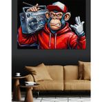 Boombox Müzik Dinleyen Maymun Dekoratif Kanvas - Mdf Ahşap Tablo