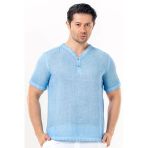 Bora Düğmeli V Yaka Kısa Kol Poplin Erkek Tişört | Yazlık Erkek Tshirt Açık Mavi Amv