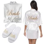 BORDEAG Bride sabahlık, kadın bornozu, saten kimono, kadın nedime bornozu, kadın gelin bornozu, düğün, parti, havuz partisi ve pijama partisi için, kaymaz terlik ekleyin, Beyaz, L Plus Yüksek