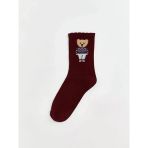 Bordo Ayı Teddy Baskılı Kadın Soket Çorap