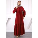 Bordo Bel Bağlamalı Dantelli Elbise - 40