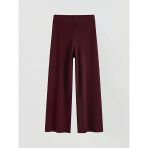 Bordo Beli Lastikli Geniş Paça Kadın Triko Pantolon
