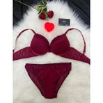 Bordo Dolgulu Balenli Dantelli Çizgili Sütyen Takım