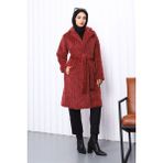 Bordo Düğmeli Uzun Cepli Kürk Kaban - 38 - 40