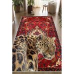 Bordo Etnik Desenli Leopar Figürlü Yıkanabilir Kaymaz Halı 200 X 290 Cm Bordo
