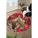 Bordo Etnik Desenli Leopar Figürlü Yıkanabilir Kaymaz Yuvarlak Halı 160 X 160 Cm Bordo