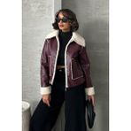 Bordo-Krem Taş Kadın Lamine Deri Ceket Modern Premium Luxury Trend Tasarım Mont - 633-Bordo