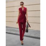 Bordo Kuşak Bağlamalı Yelek Kemerli Havuç Pantolon Dokuma Kumaş Ikili Takım - 12R-Bordo - S