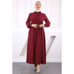 Bordo Önü Düğmeli Cepli Elbise - 38