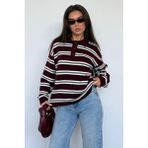 Bordo Polo Yaka Çizgili Kadın Triko Kazak MG2469 - S
