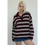 Bordo Polo Yaka Çizgili Kadın Triko Kazak Mg2469