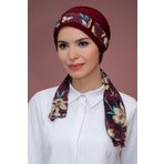 Bordo Pratik Hazır Geçmeli Tesettür Bone Sandy Kumaş Desenli Şifon Kemerli 1205D_16