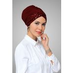 Bordo Pratik Hazır Geçmeli Tesettür Bone Sandy Kumaş Pullu Tek Çapraz 1907_16