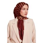 Bordo Şerit Desenli Twill İpek Eşarp