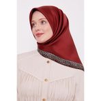 Bordo Şerit Leopar Desen Twill İpek Eşarp