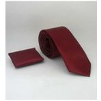Bordo Slim Fit (ince) Düz Renk Mendilli Saten Kravat - SS-37