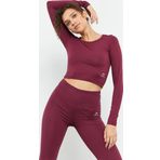 Bordo Uzun Kollu Dar Kalıp O Yaka Kadın Crop Top T-Shirt - 97150