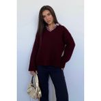 Bordo V Yaka Triko Kadın Kazak MG2501 - S